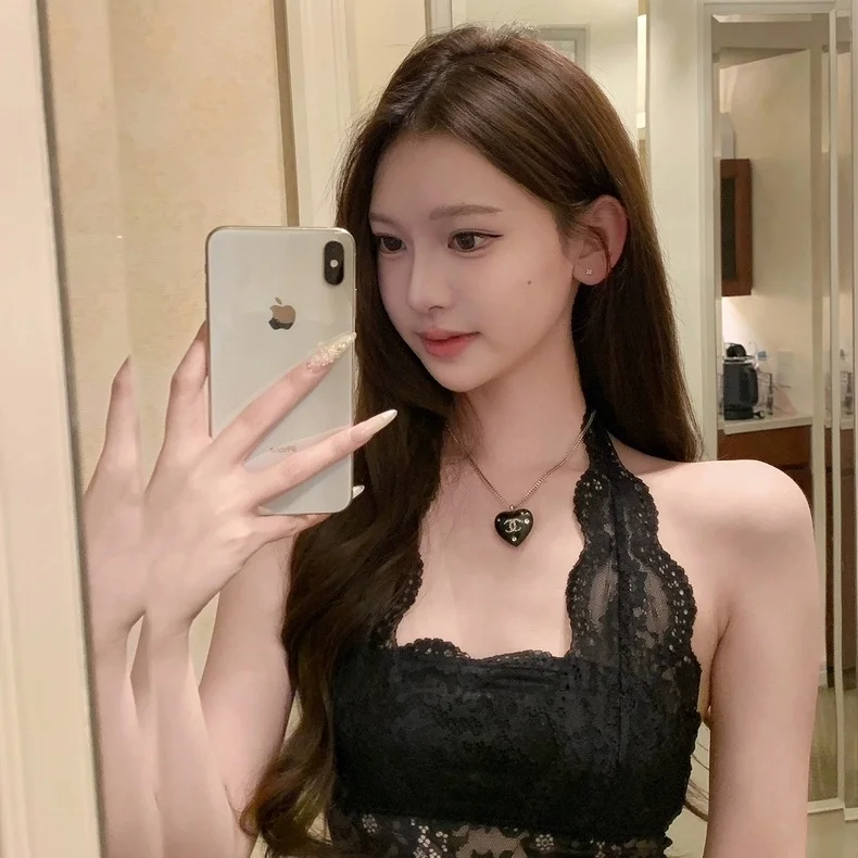 Summer New Pure Desire Lace Splice Hanging Neck Vest Women's Slim Fit Fixed Band Chest Pad Inner Wear Top U-neck Short Length