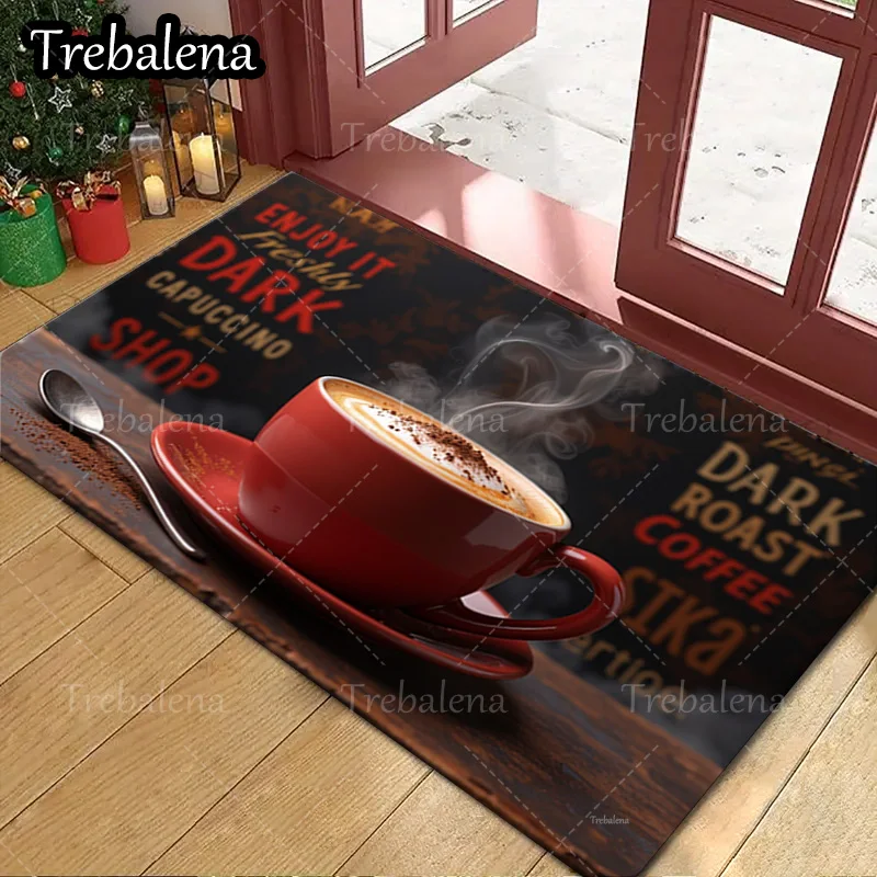 

1pc Welcome Door Mat Dark Roast Coffee Shop Mat Enjoy Fresh Cappuccino Art Print Rug
