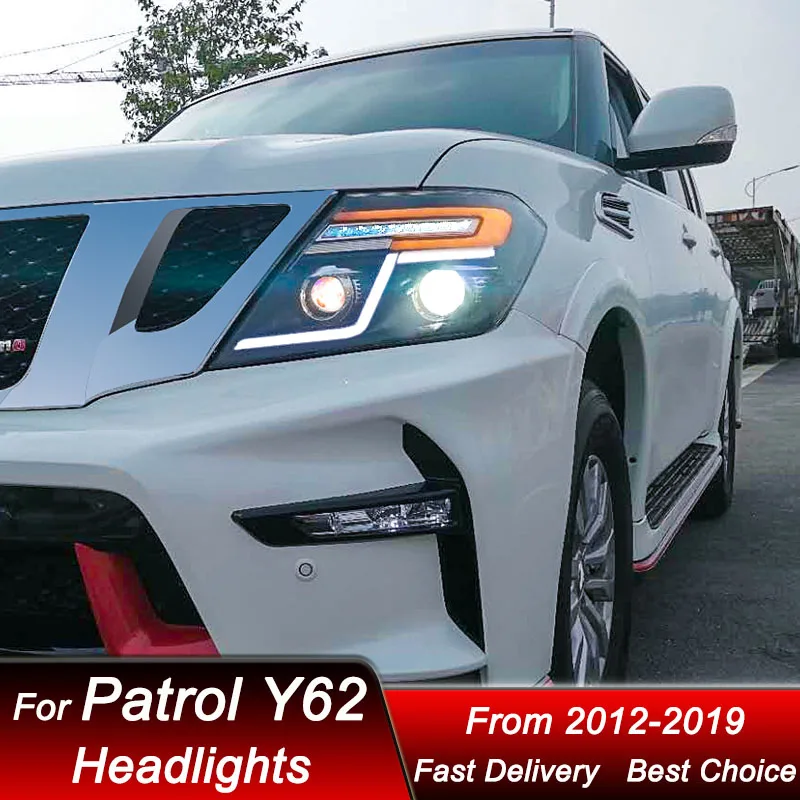 

Автомобильные фары для Nissan Patrol Y62 12-19: Полный комплект светодиодных фар с ДХО, модернизированные, с линзами-проекторами, аксессуары для тюнинга