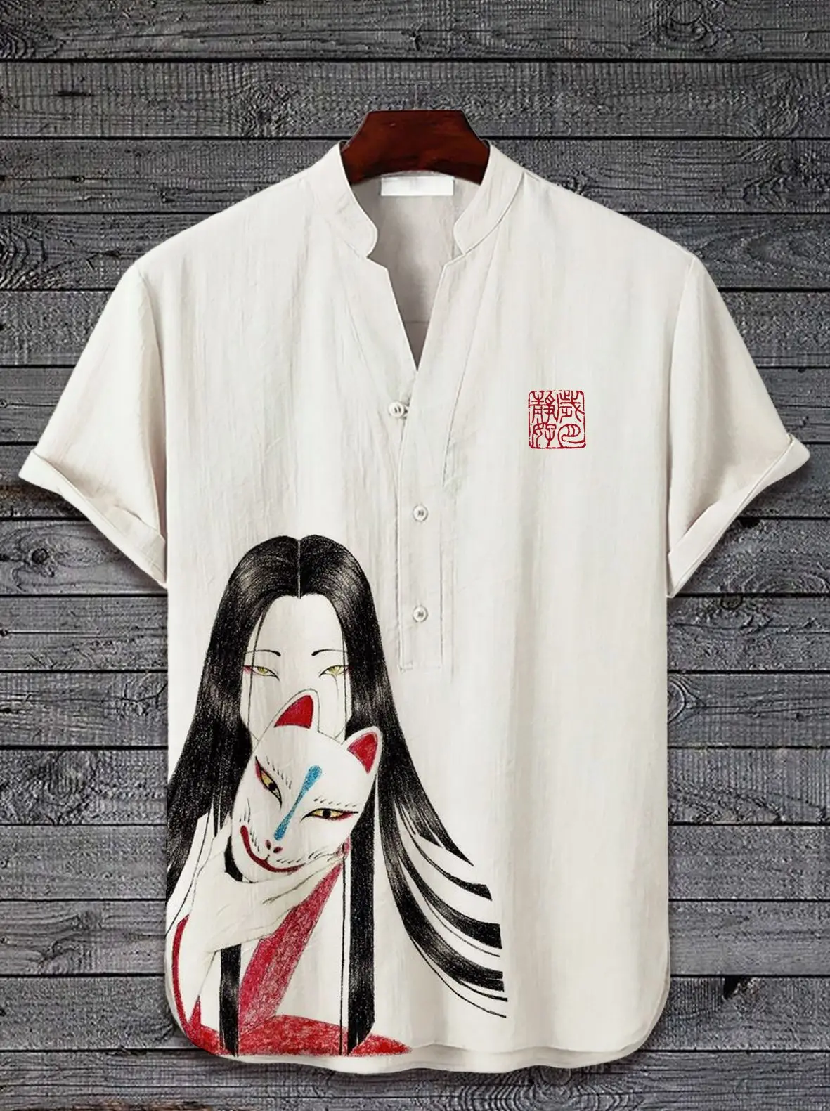 Camisa de manga corta de estilo japonés Hawaiano, hecha de tela de lino con patrón impreso templario, popular en Asia