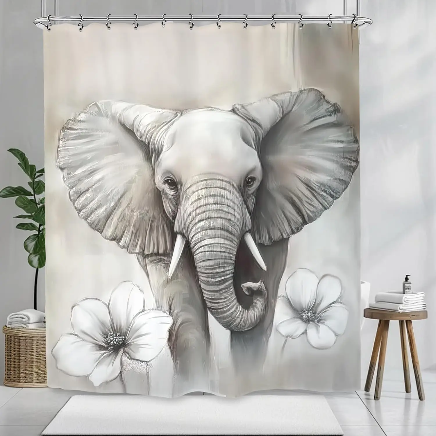 Realistic Elephant Art Mural Shower Curtain Bathroom Decor Black and White Floral Wildlife Sketch Modern Home Bath Supplies