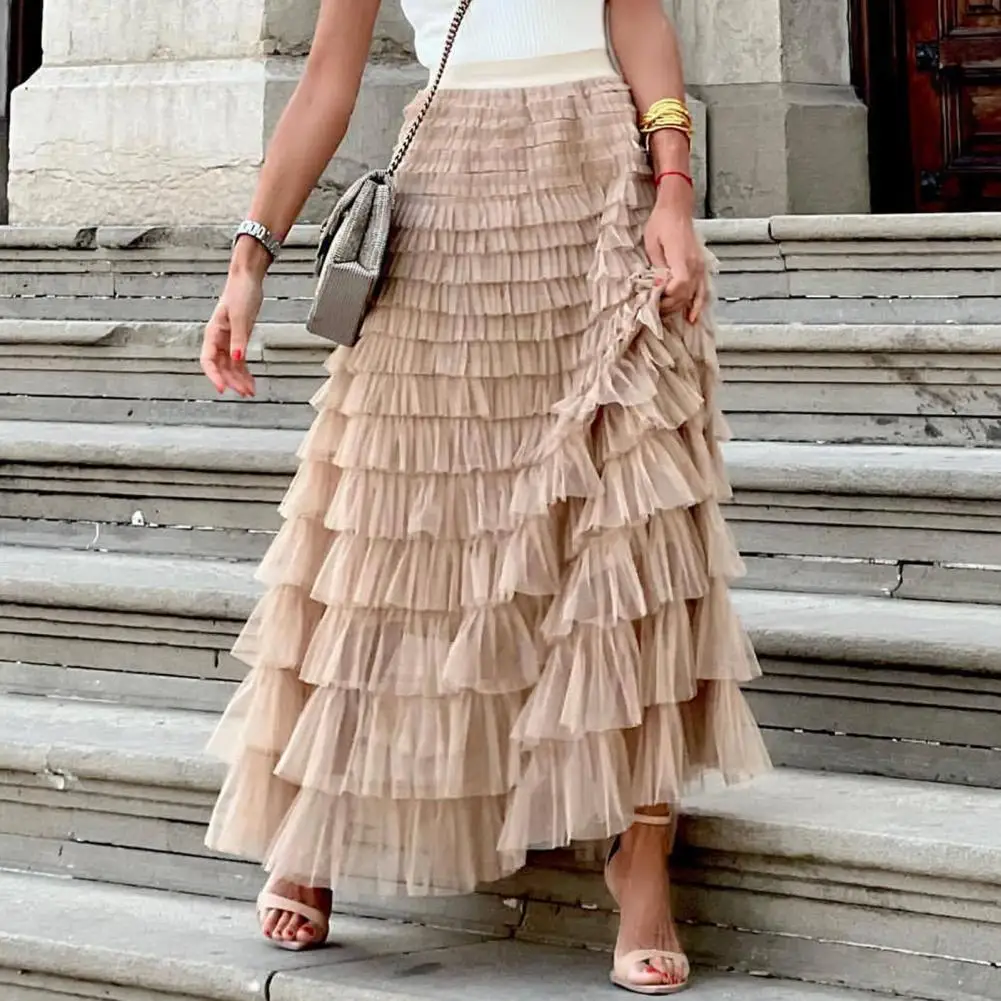 

Solid Multilayer Ruffle Mesh Skirt Women Boho High Waist Long Maxi Tulle Skirt Spring Summer Party Women's Clothing