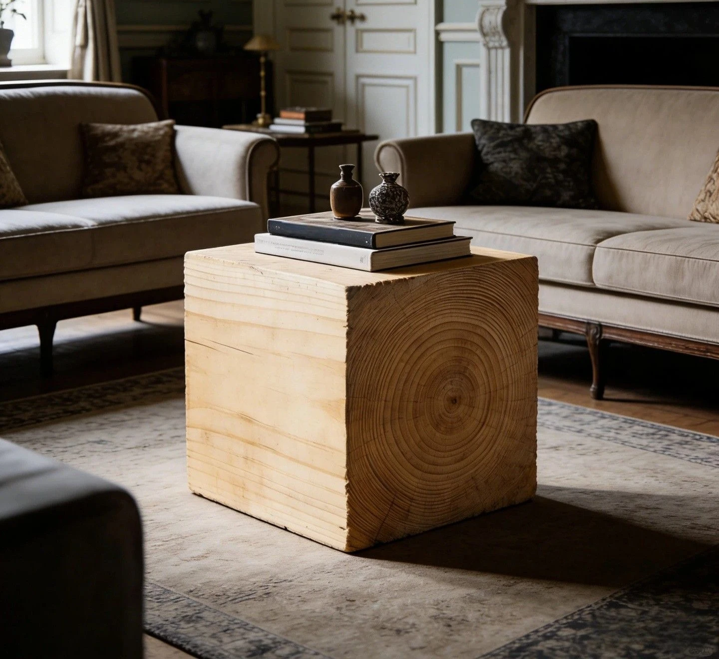 Wabi Sandy Wind Solid Wood Edge Log Ring Texture Square Coffee Table