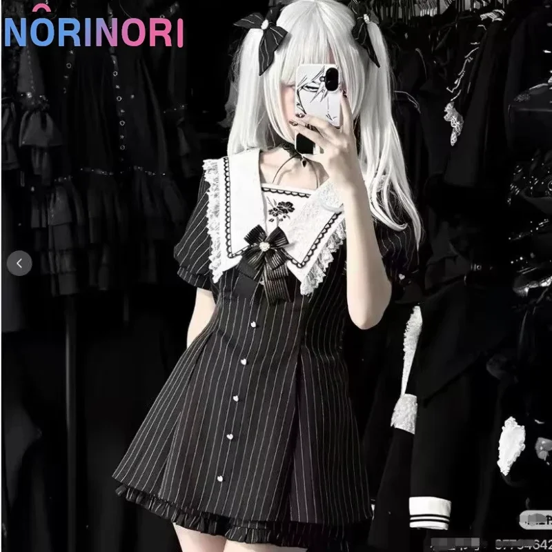 Japanese Gothic Lolita Style Bow Stripes Dress Shorts Set Women Sweet Lace Ruffles Button Shirt Dresses Y2k Dark Slim Mini Dress - view 6