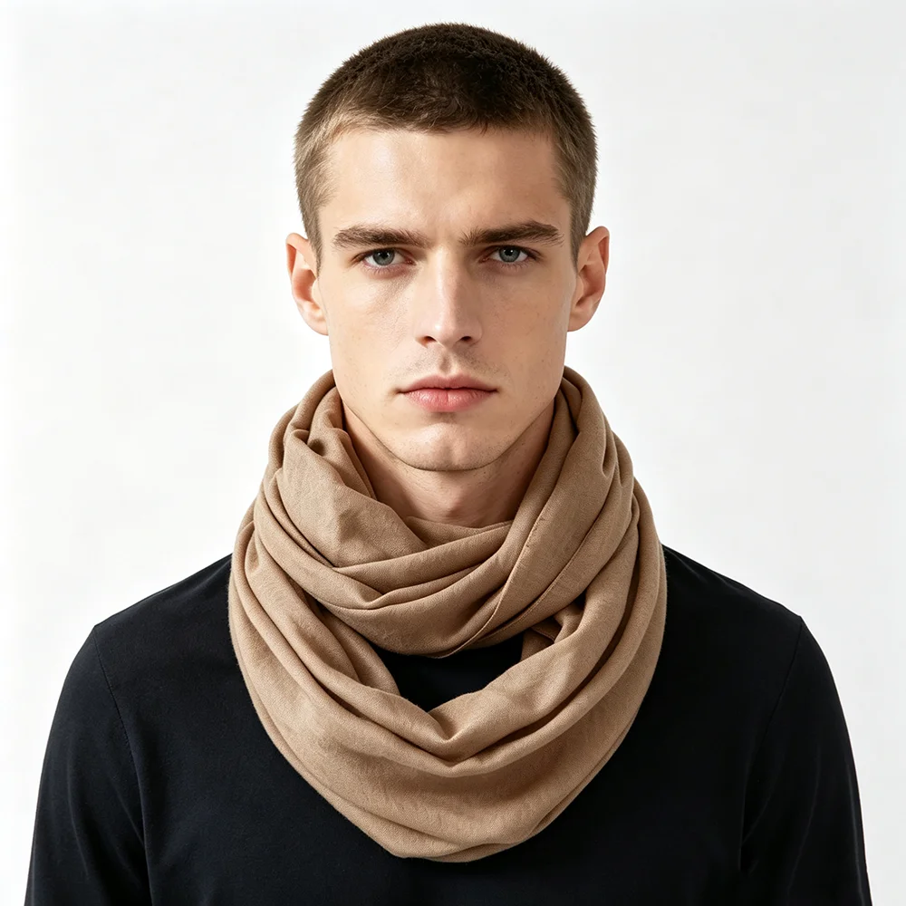 Men's Solid Cotton Linen Infinity Scarf Lightweight Wrinkle Neck Warmer Casual Loop Scarf for Autumn Winter Daily Wear