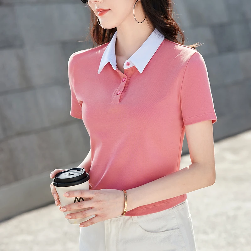 Summer New Cotton Polo Shirt Solid Color Polo Neck Short Sleeve High Waist Short Style Slim Fit Fashion Casual Women\'s Shirt