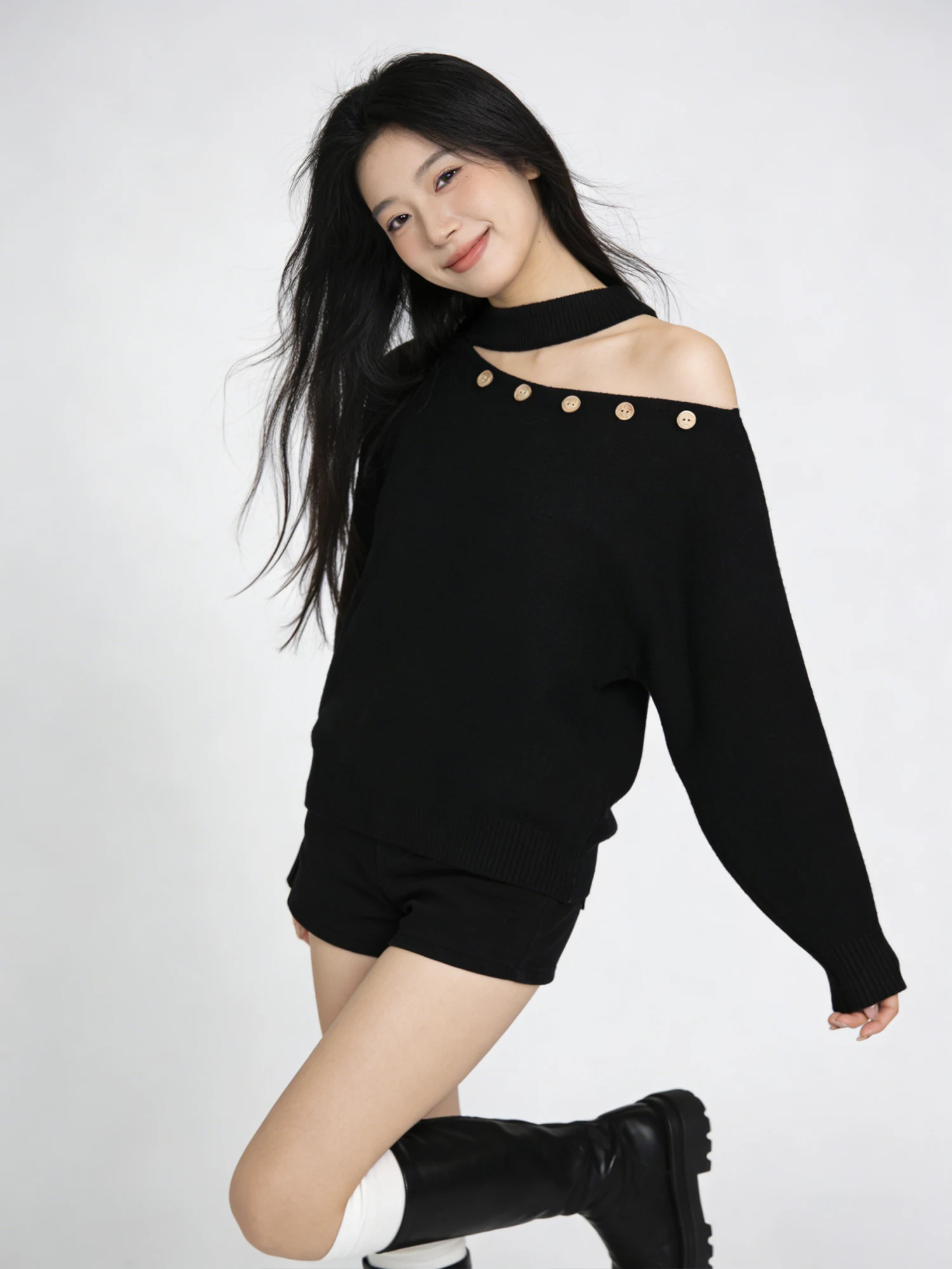 

Design Sensation Women's Knitted Long Sleeve Sweater Single Button Neck Design Casual Loose Fit Spring New Style Versatile Top