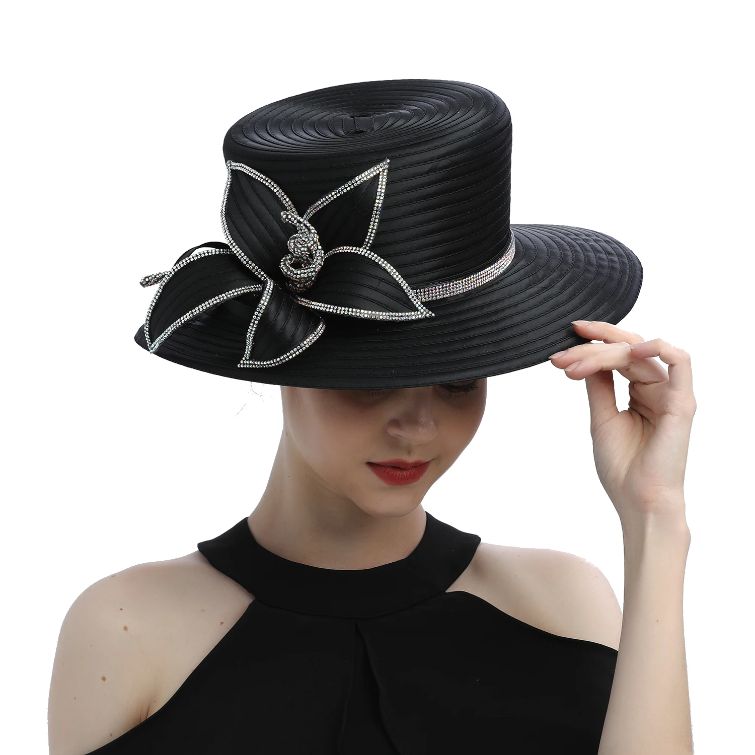 Flower Satin Cloth Rhinestone Church Hat Photography Top Hat Fashion Female Banquet Fascinator Wedding Formal Hat Women Ladies
