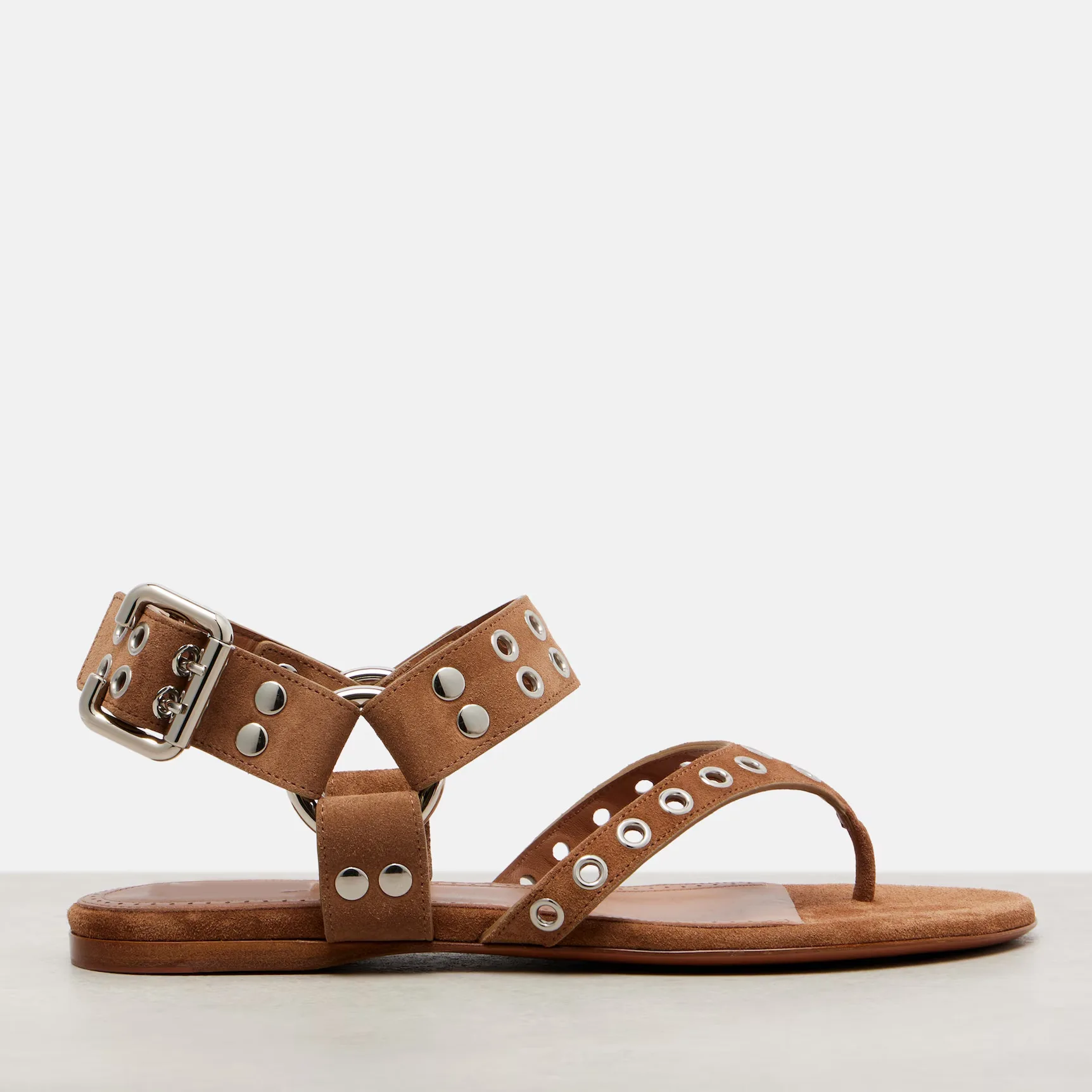 Summer New Arrival Women's Tan Suede Grommet Studded Gladiator Sandals Buckle Ankle Strap Thong Flat Boho Casual Sandals