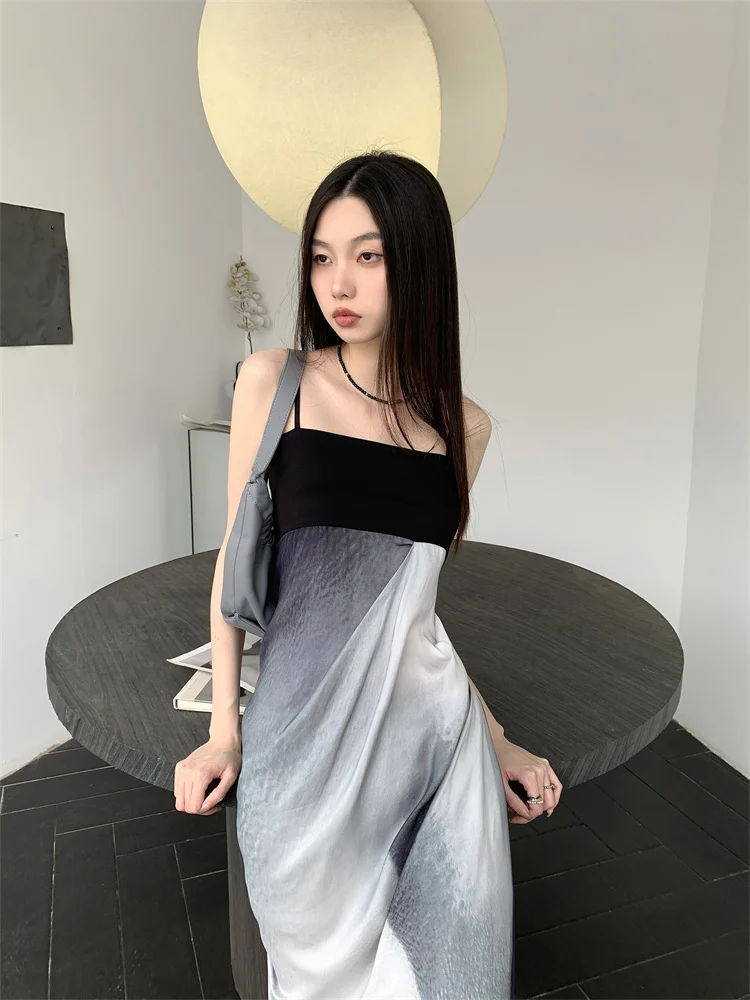 CHEERART Ink Printing Long Slip Dresses For Women 2023 Summer Backless Patchwork Designer Fashion A Line Maxi Dress Clothing