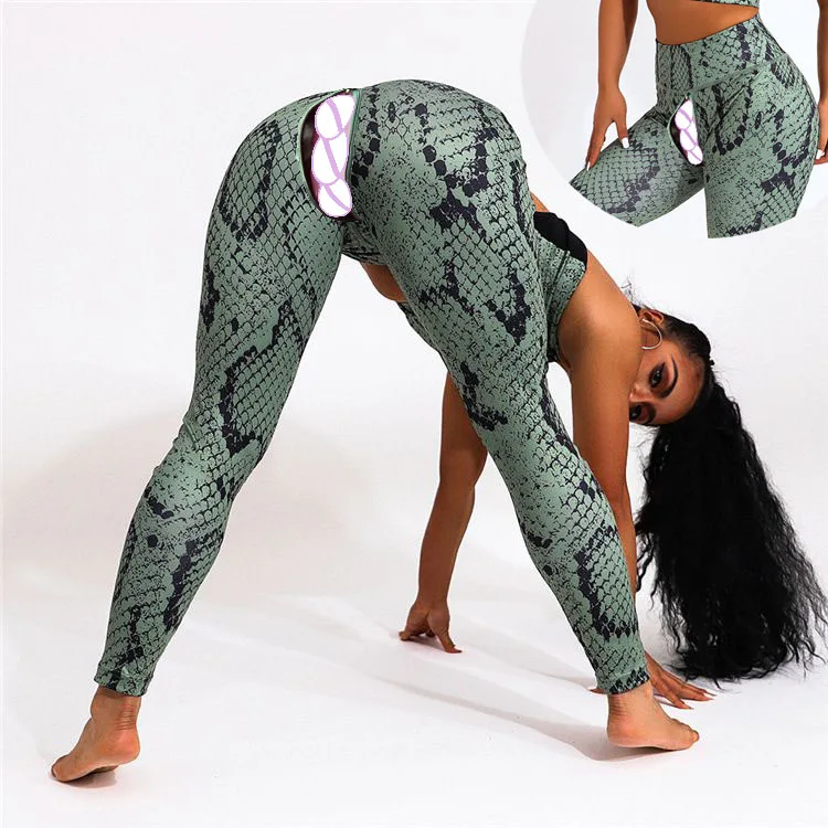 Women's Leggings Open Crotch Outdoor Sex Python Pattern Print Booty Pants Fitness High Waist Workout Sexy Yoga Butt Lift Leggins