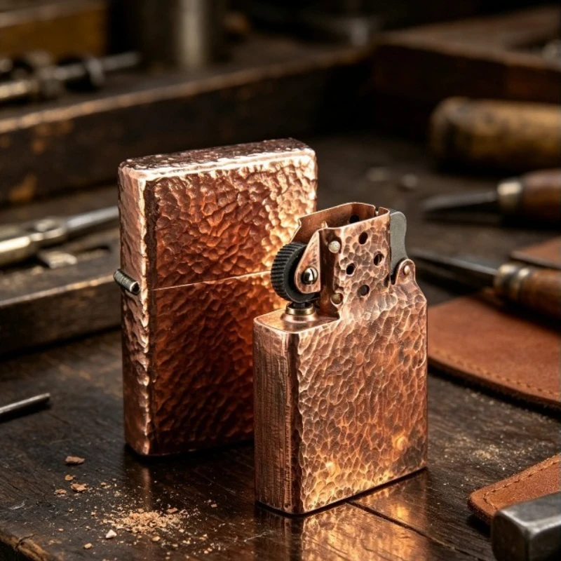 Hand Forged Lighter Purple Copper Shell Liner Crater Pattern Handmade Forging Unique Texture Suitable for Men To Collect Gifts