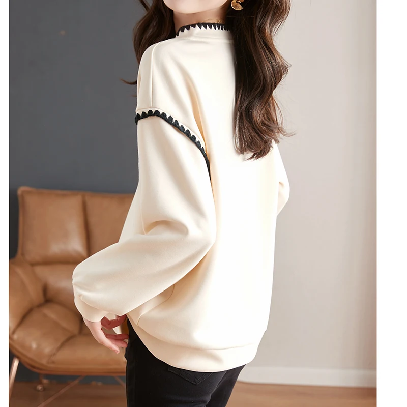 Fashion Embroidered Beaded Loose Casual Sweatshirts Women 2024 New O-Neck Pullovers Long Sleeve Tops Lantern Sleeve Jumper Girls