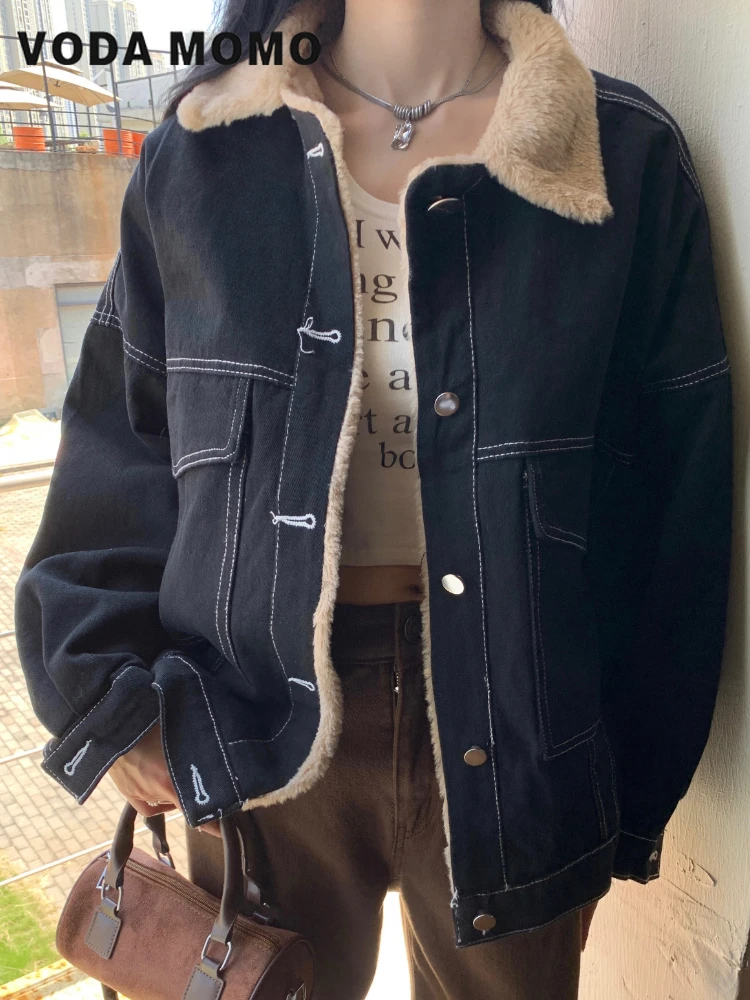 Casual Loose Versatile Short Coat Streetwear Women 2024 Winter New Thickened Jeans Jacket Women Fashion Polo Neck Denim Jacket