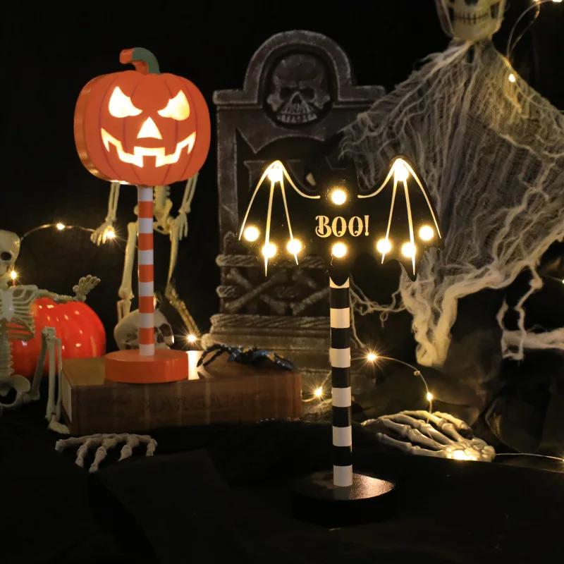 2023 Halloween Schedel Hoofd Pompoen Vleermuis Heksenhoed Halloween Houten Nachtlampjes Op Batterijen Nachtlampjes Tafeldecoratie 190