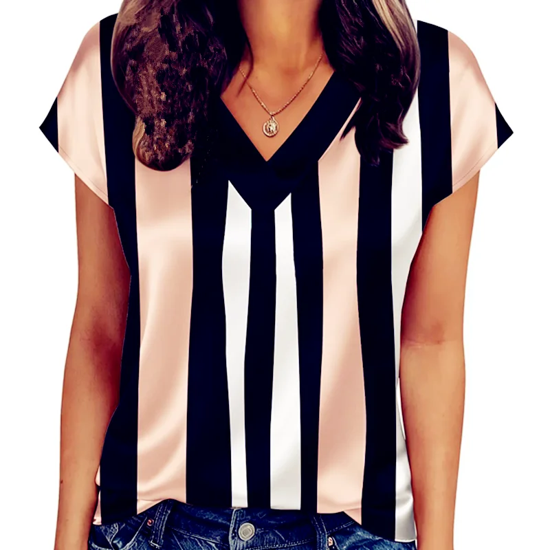 Women's Short Sleeve T-Shirt with V-Neck Satin Shirts Chiffon Top Tops Casual Strip Summer