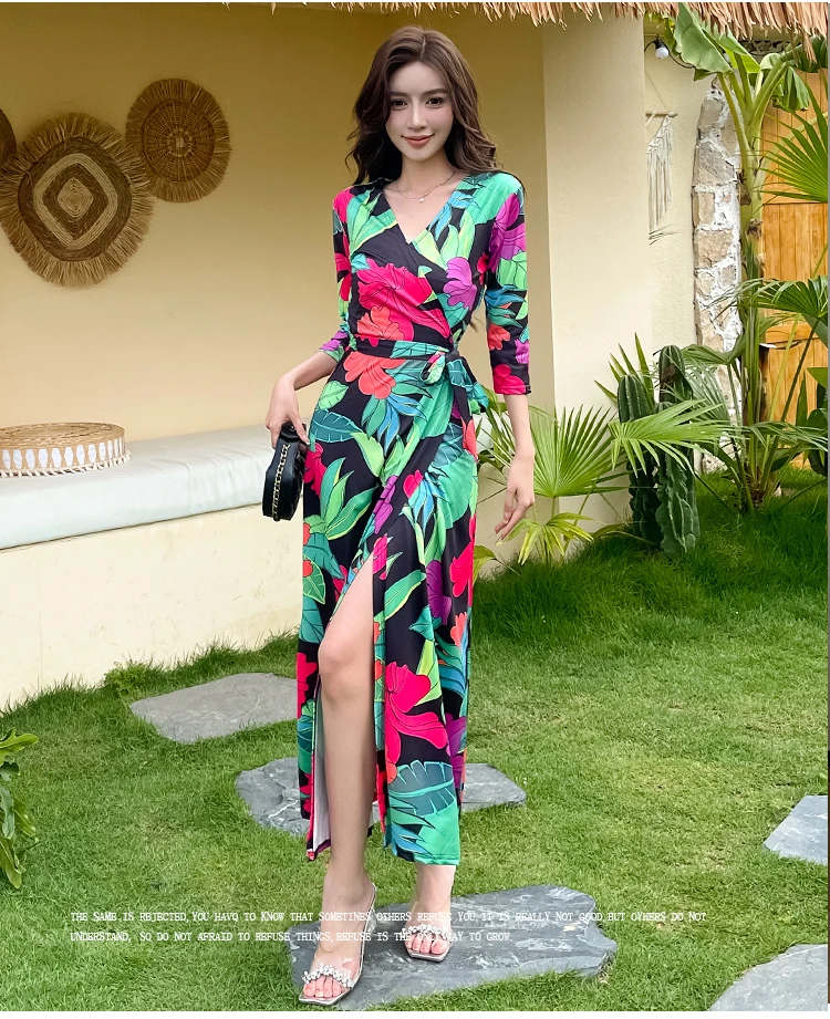 ZAROY Women Summer Floral Print Maxi Dresses V Neck Half Sleeve Belted Boho Beach Dress Vintage Evening Party Dress Vestidos