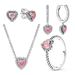 Popular 100% 925 Silver Classic Pink Heart Necklace Earrings and Ring Set DIY Charm Jewelry Gifts Fashion Light Luxury