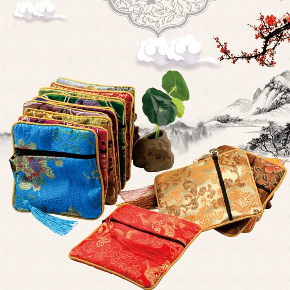 Tassel Mini Embroidery Canvas Coin Purse Dragon Square Flower Jewelry Packing Bag Korean Style Small Handbag