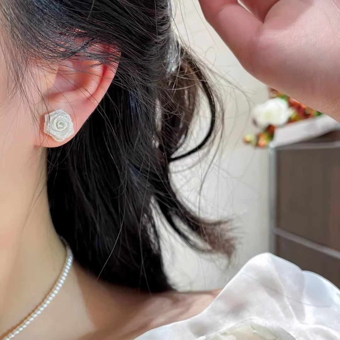 Rose Earrings Wire Mesh Tulle 3D Floral Stud Lightweight Elegant Premium Minimalist Unique for Women Everyday Chic