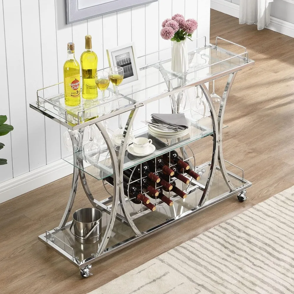 HOMYSHOPY Bar Serving Cart with Glass Holder and Wine Rack, 3-Tier Kitchen Trolley with Tempered Glass Shelves