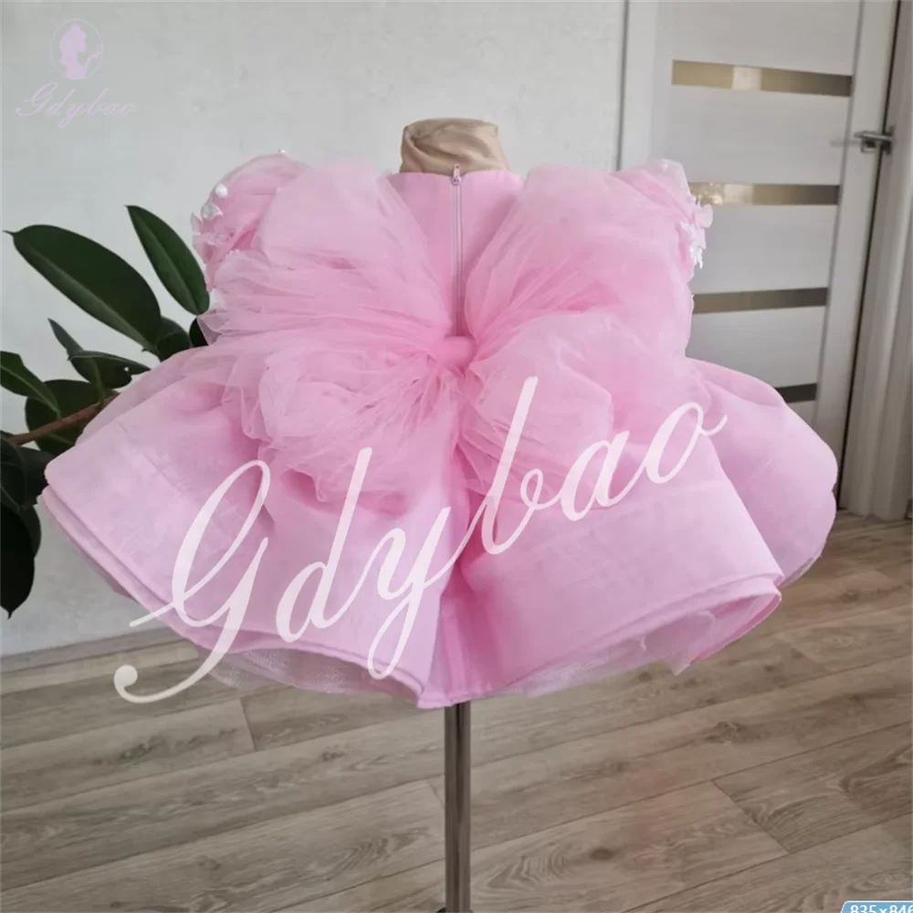 Pink Fluffy Flower Girl Dresses Tulle First Birthday Puff Birthday Prom Custom Girl Costumes First Communion