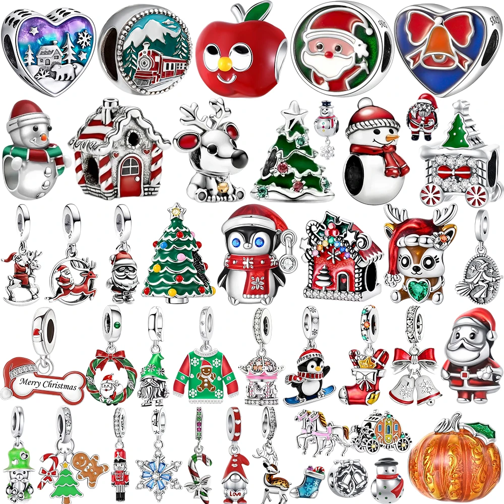 Christmas Series 925 Silver Charms Train Heart Snow Scene Penguin Gingerbread House Pumpkin Beads Fit Bracelet Women DIY Pendant
