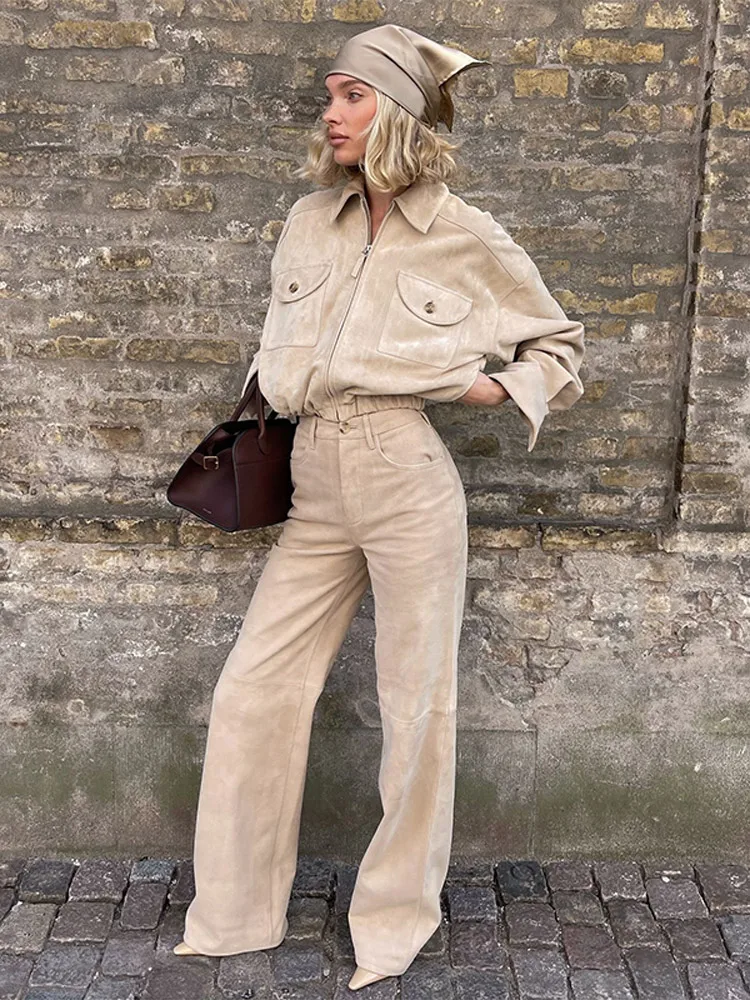 Vintage Solid Lapel Full Sleeves Zipper Woman Jacket Set Fashion Casual Loose High Waist Pants Suit 2025 Spring Commuter Outfit