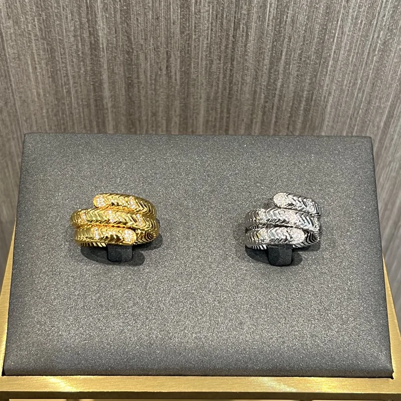 Fashion Luxury Three-layer Snake-shape Ring Crystal Zircon Finger Rings for Women Party Vintage Jewelry Couples Anniversary Gift