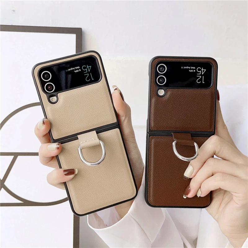 For Samsung Galaxy Z Flip7 6 5 4 3 Phone Case Luxury Pu Leather Hard Plastic Back Cover5G Case with Ring
