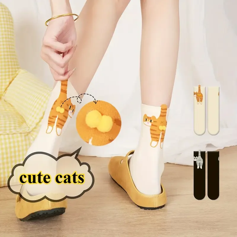 

1-2PairsWarm Soft Cozy Mid Calf Cat Socks with 3D Funny Cat Design for Women Winter Daily Wear Halloween ChristmasGift Accessory
