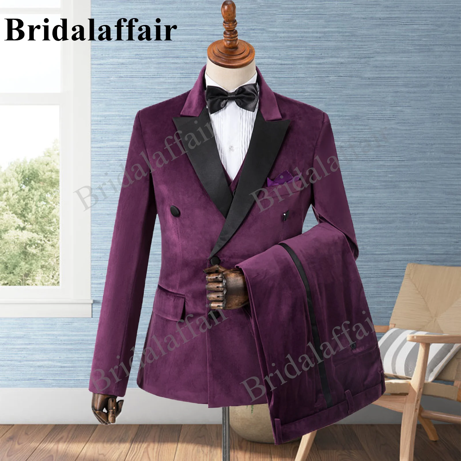 Bridalaffair Purple Suede Mens Suits 3 Piece Vintage Cloth Peaky Blinders Tan Terno Masculino Black Collar Peak Lapel Bussiness