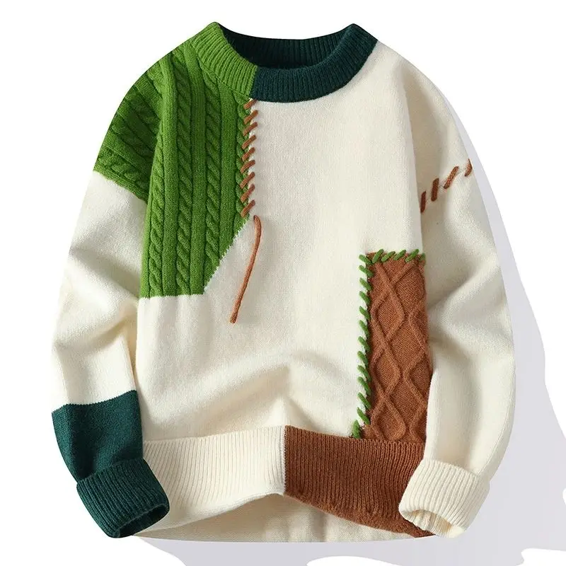 

Autumn Winter Warm Men's Faion Turtlene Patchwork Sweaters Long Sve Boat Ne Youthful Vitali Sle Knitted Tops