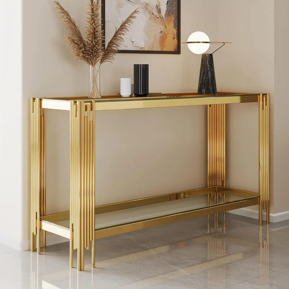 

Contemporary Glass Entryway Table with Gold Steel Legs, 2-Tier Storage, Sofa Back Long Table, Hallway/Living Room Entrance