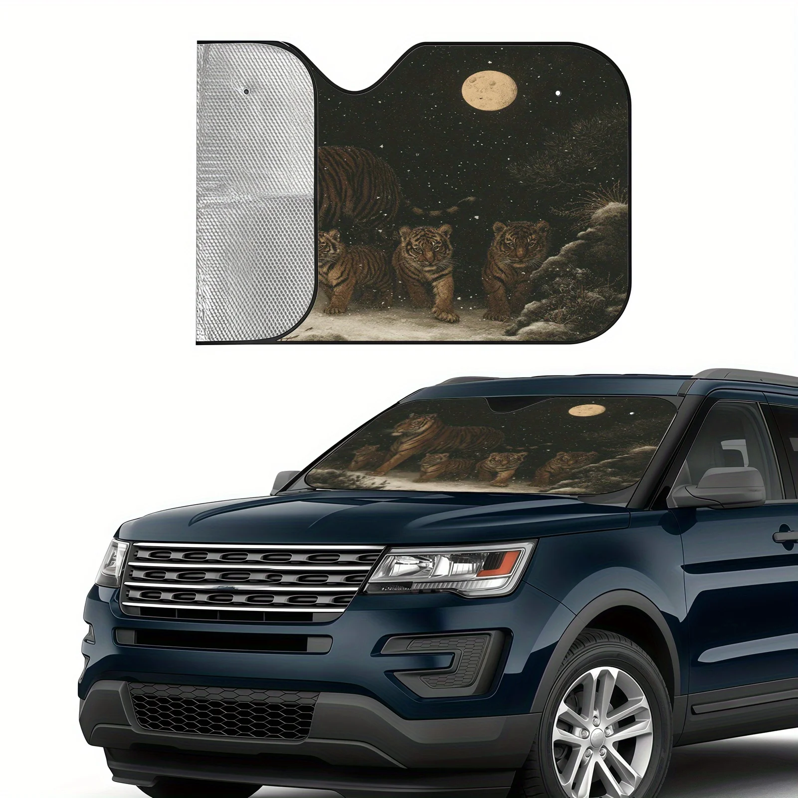 Snowy Night Tiger Pack Realistic Painting Car Sunshade, Warm And Natural Scene, Easy To Install And Durable, Includes 4 Suction