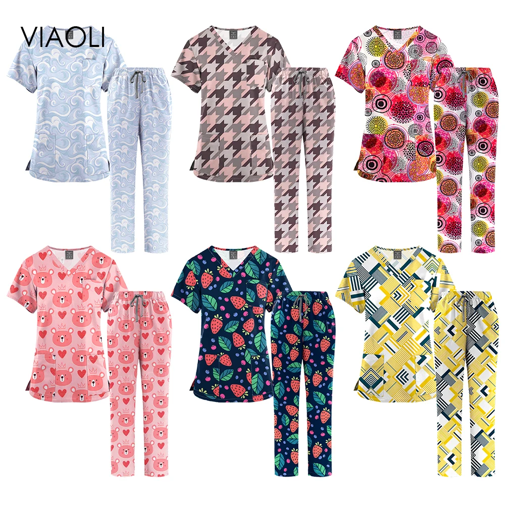 Hot Sales Multicolor Fashion Printed Women Scrub Tops Pants Sets Medical Uniforms Scrubs Nurse Doctor Lab Workwear Surgical Gown