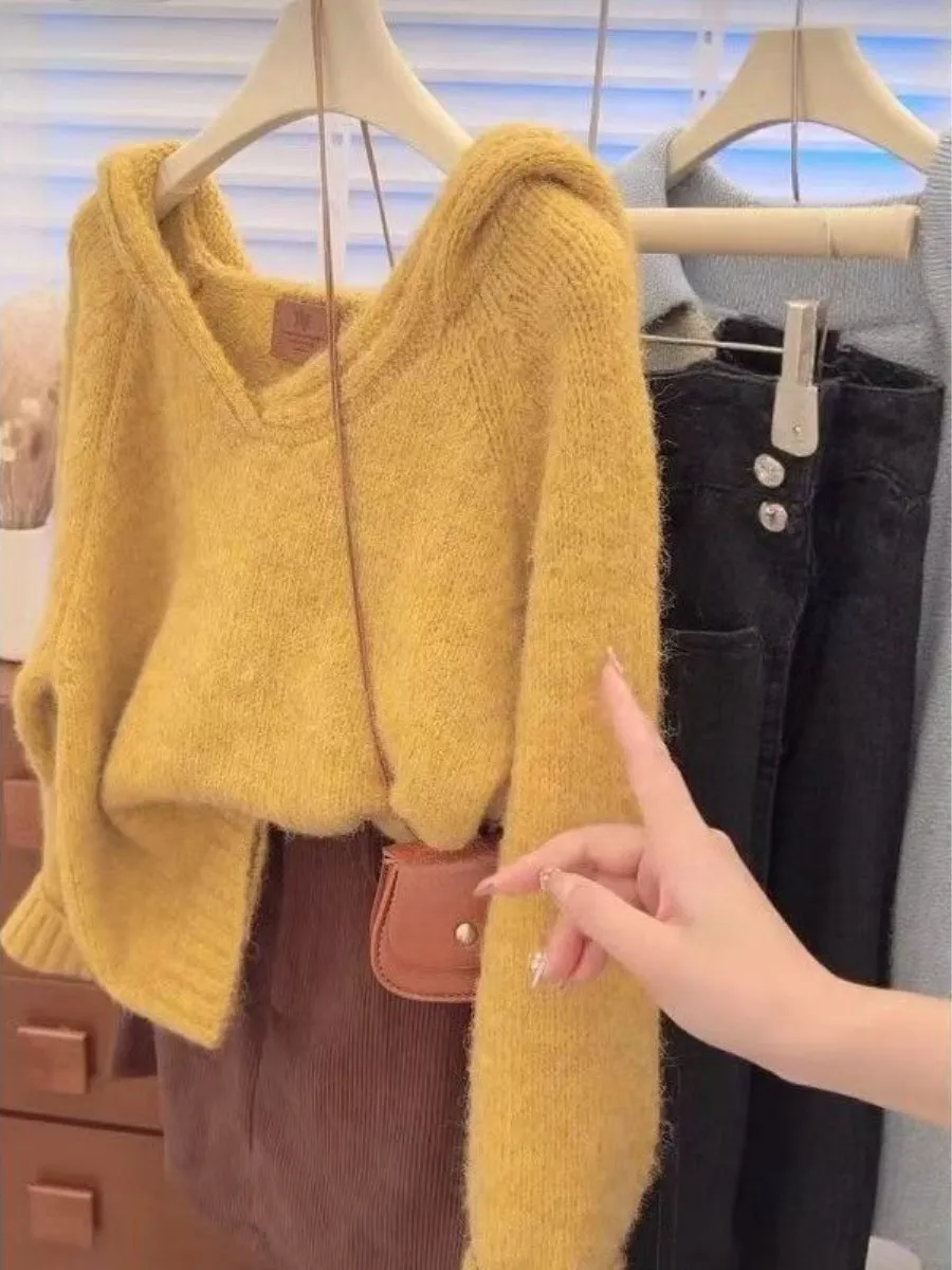 

2025 New Yellow Knitted Hoodie Long Sleeve Multi-piece Set Korean Style Lazy Autumn Winter Clothes Accessories Hat Scarf Gloves
