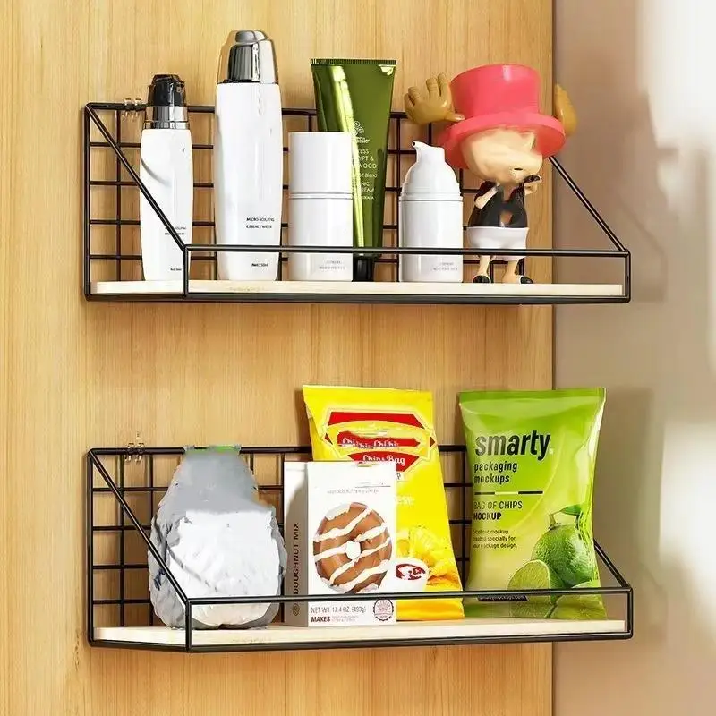 Wall Mounted Storage Shelf Wood Metal Wire Floating Shelf Adhesive Bathroom Organizer For Toiletries Cosmetics Home Decor