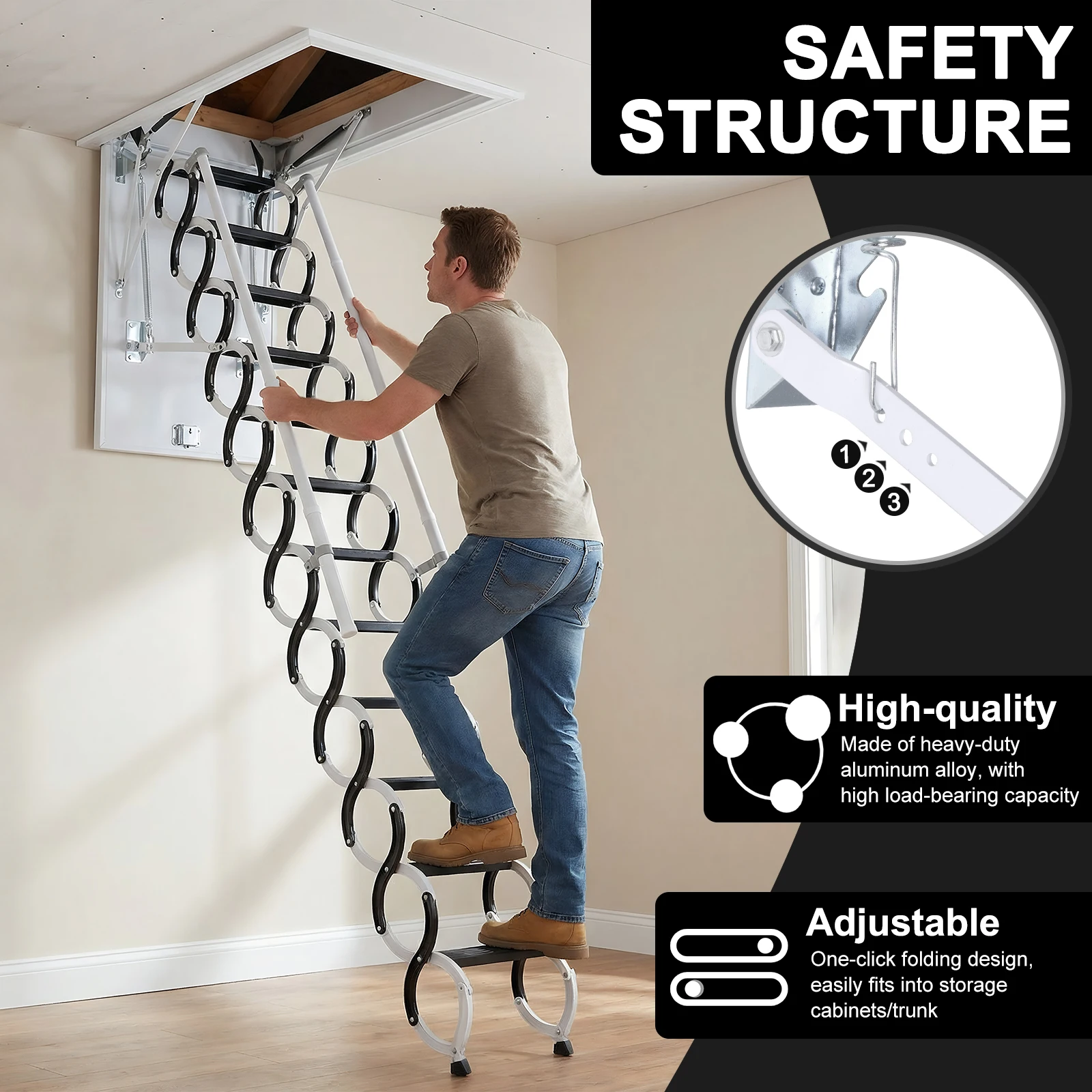 

Carbon Steel Attic Staircases with Handrails Wall-Mounted Staircase 660LBS Capacity Pull Down System for Garages/Roofs/Basements