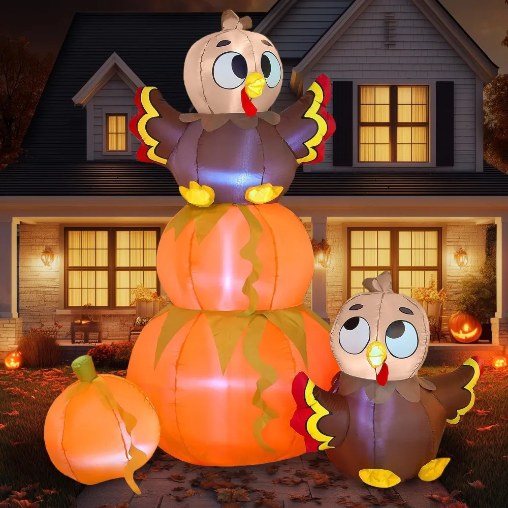 

6 FT Thanksgiving Inflatable Stacking Pumpkin Turkey With Built-in LEDs, Blow Up Outdoor Decorations for Yard Garden, H