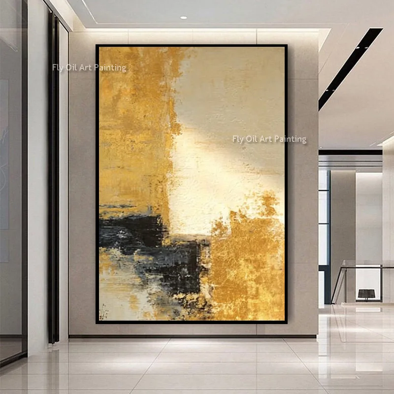 Original Hand Painted Vintage Golden Block Textured Artwork, Vertical Gold Foil Canvas Decor, Minimalist Neutral Luxury Wall Art
