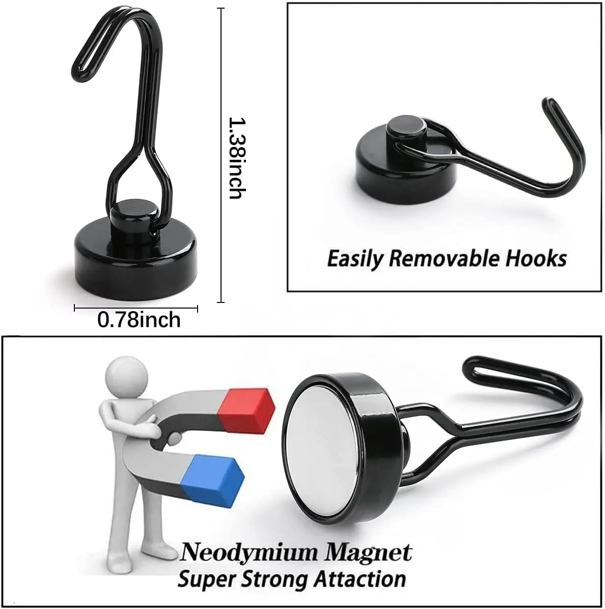 Ganchos magnéticos de alta resistencia, imán de neodimio fuerte con ganchos giratorios para el hogar, cocina, refrigerador, llaves de corona, 30lb