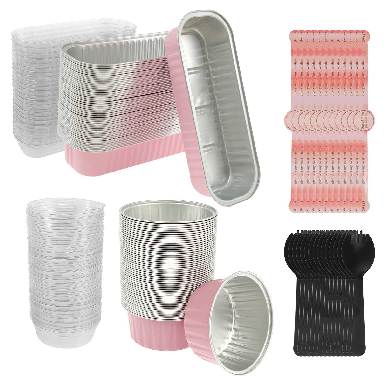 

100 шт. мини-формы для буханки, сковорода для торта из алюминиевой фольги, контейнер для десерта с крышками и ложками, антипригарные термостойкие формы для выпечки тортов