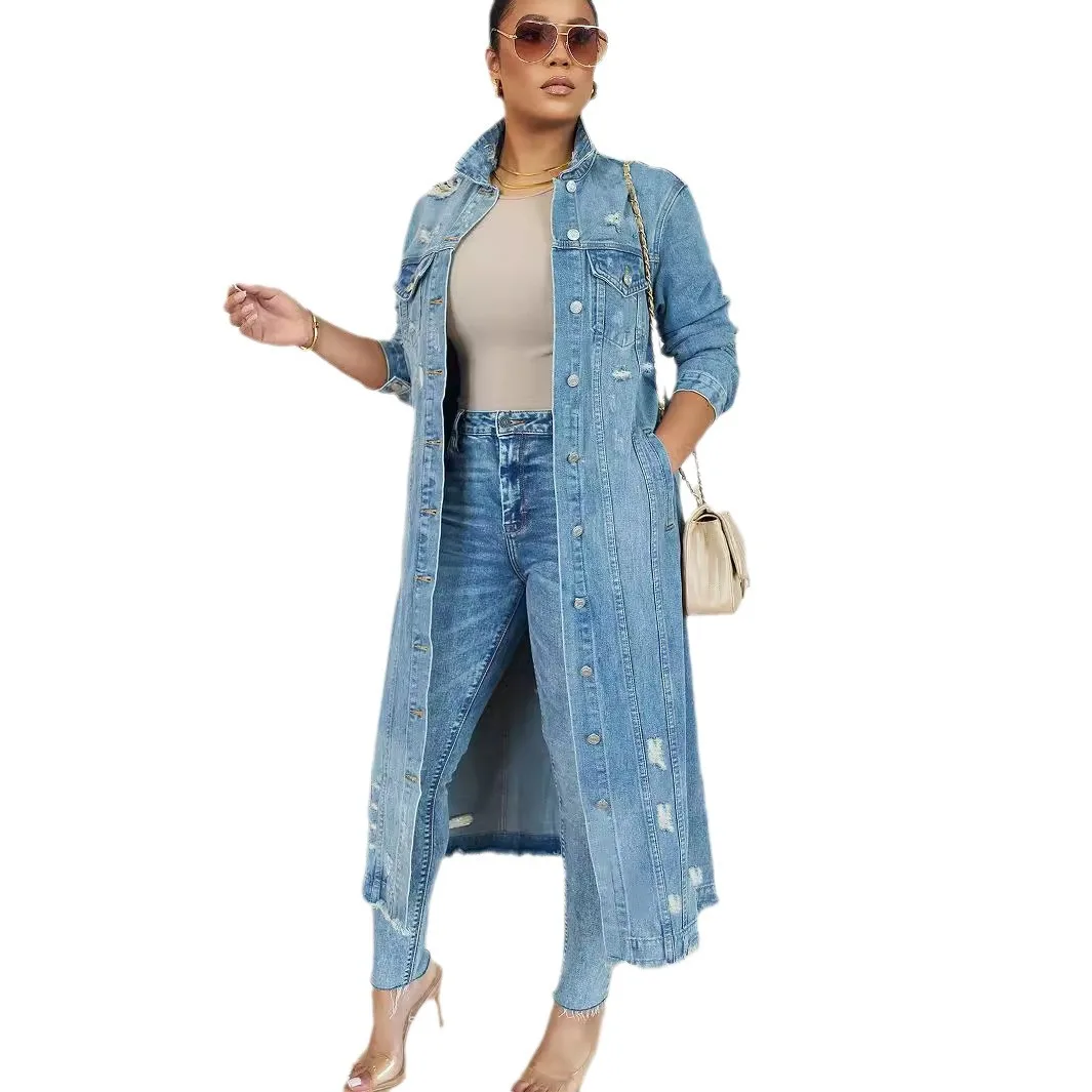 Women Long Denim Jacket Hole Overcoat Single Breasted Pockets Turn Down Collar 2024 Female Streetwear Vintage Jean Outerwear