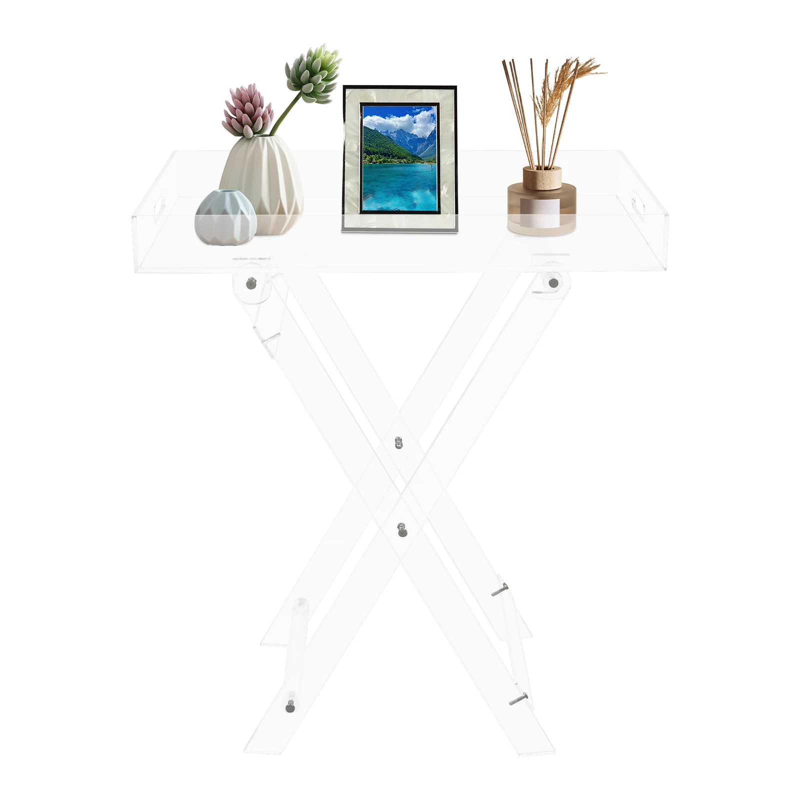 

Acrylic Folding Tray Table, Clear Modern Tray Table with Raised Edges, Portable Foldable Side End Table for Living Room Bedroom Kitchen