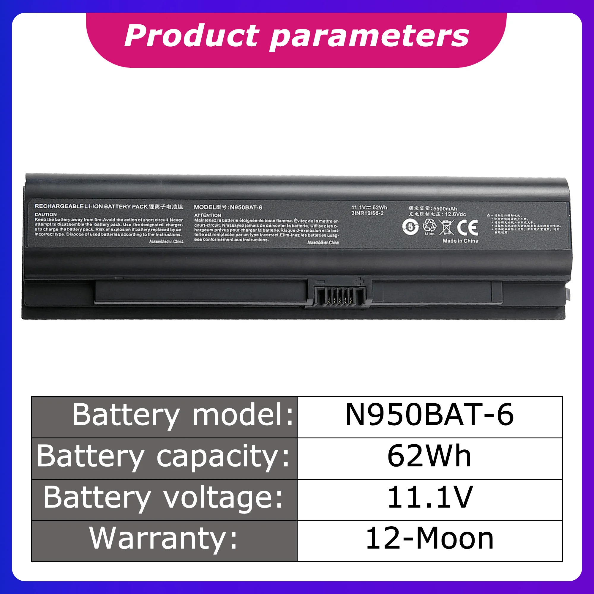 N950BAT-6 Genuine Battery for Clevo N950KP6 ZX7-CP5S2 Series ZX7-CP7S2 N957TD TX9 TX8 Laptop Battery 5585mah/62wh