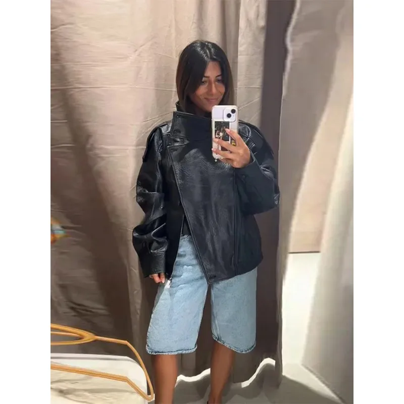 الشارع الوقوف طوق المرأة سترة جلدية فضفاضة سحاب أكمام طويلة جيوب شيك الإناث معاطف 2025 الخريف الشتاء سيدة ملابس خارجية