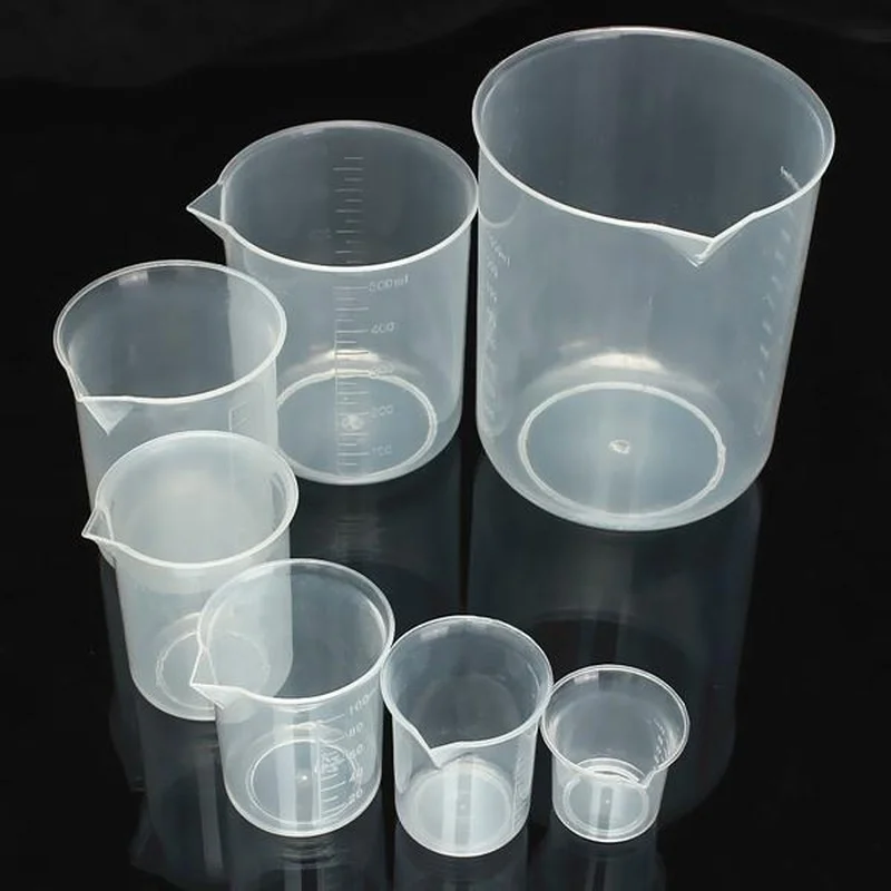 Contenedor volumétrico de vaso de plástico transparente graduado para herramientas de suministros de laboratorio