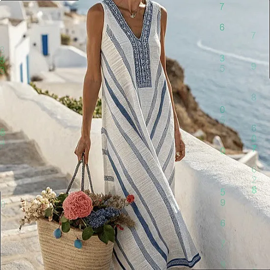 Striped V Neck Sleeveless Long Dress Casual Elegant Spring Summer Women Jumpsuit Playsuit Matching Set