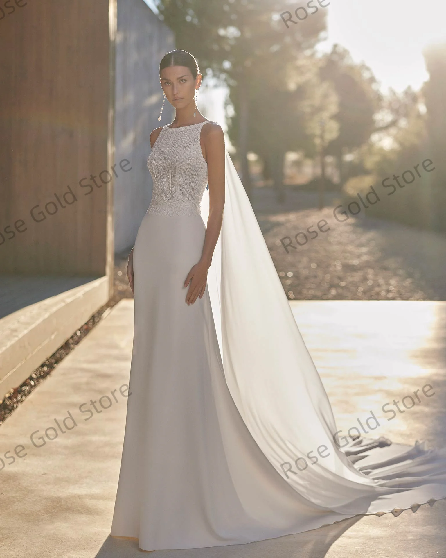 Charmante Robe De mariée sirène blanche, col rond, sans manches, longue, personnalisée, élégante, avec des Appliques en dentelle